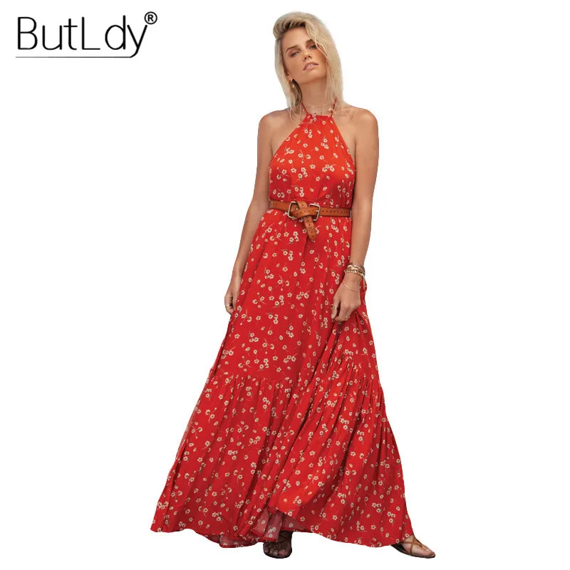 

Floral Print Bohemian Halter Dress Women Summer Beach Dress 2019 Off Shoulder Sexy Backless Split Red Long Maxi Dresses Sundress