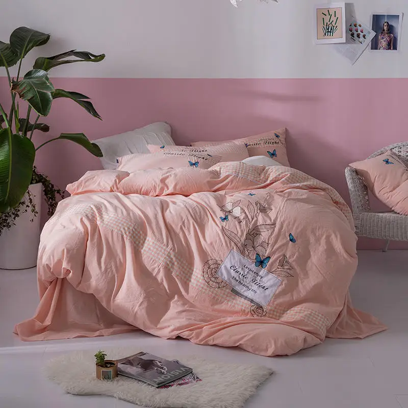 

luxury bedding set queen size 800Tc washed cotton duvet cover pink butterfly embroidered kids bed set home decor bed sheet set