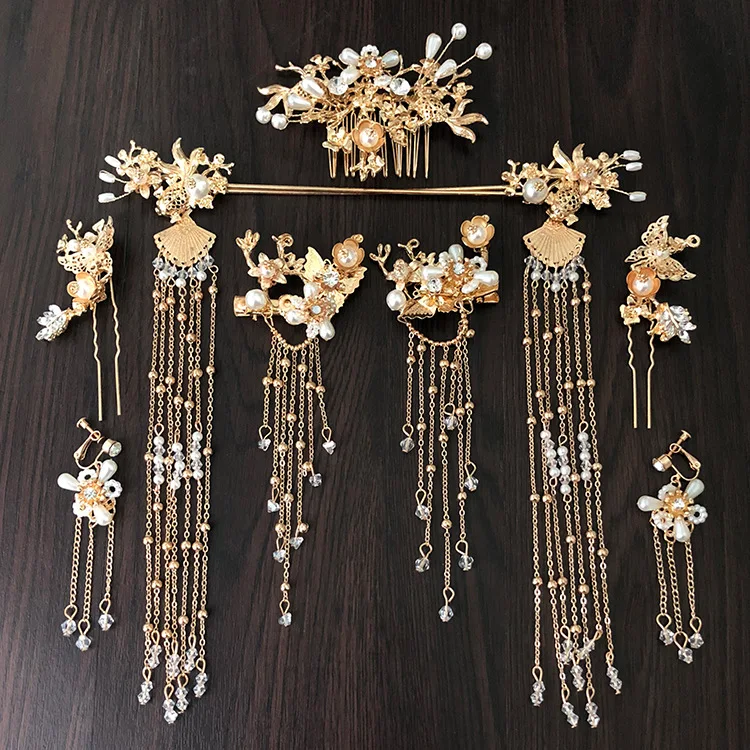

Chinese style bridal coronet tiara hairpins combs sets wedding hair jewelry