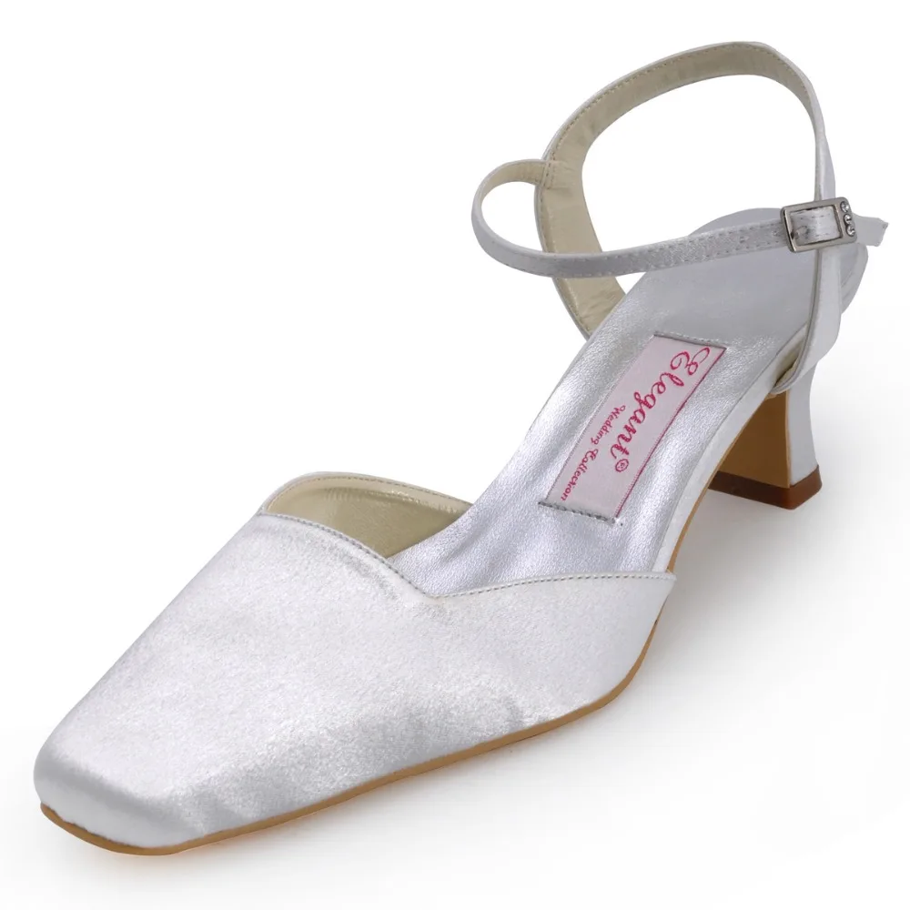 

EP11111 Women White Ivory Square Toe Chunky Heels 2'' Bridal Pumps Buckle Satin Wedding Shoes