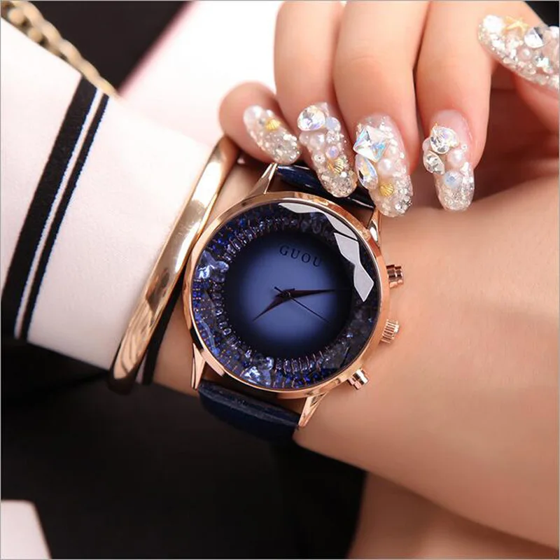 GUOU часы женские Топ Роскошные модные кварцевые часы женские наручные часы из натуральной кожи с бриллиантами Женские часы saat relogio feminino - Цвет: blue-gold
