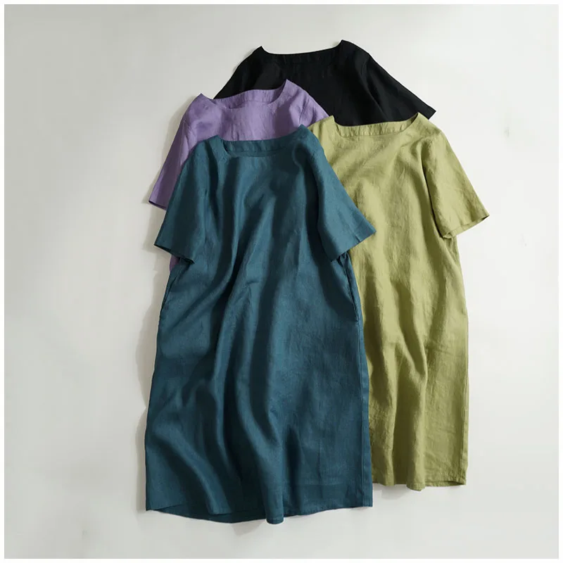 

Summer Women Loose Plus Size Japanese Style 14*14 Water Washed Linen Dresses 7 Colors