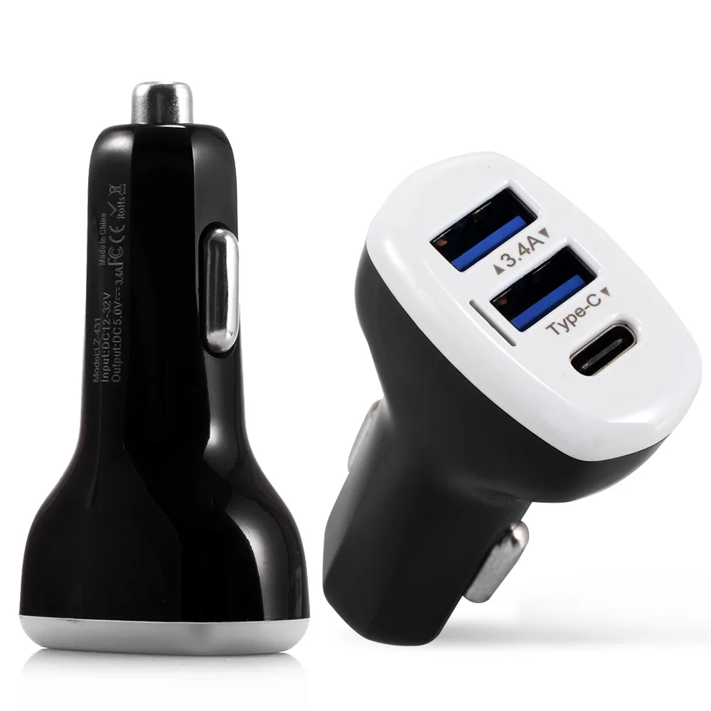 Mobile 3 Ports USB Car Charger 5V 3.4A Universal Car Charger For iphone 7 Samsung S8 S9 Phone USB Type-C Port Car Charger UM