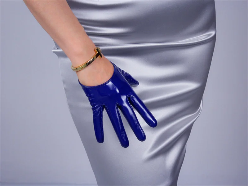 Средний и длинный отрезок лакированные кожаные перчатки искусственная кожа имитация кожи яркая кожа зеркало ярко-синий темно-синий 28 см BL04