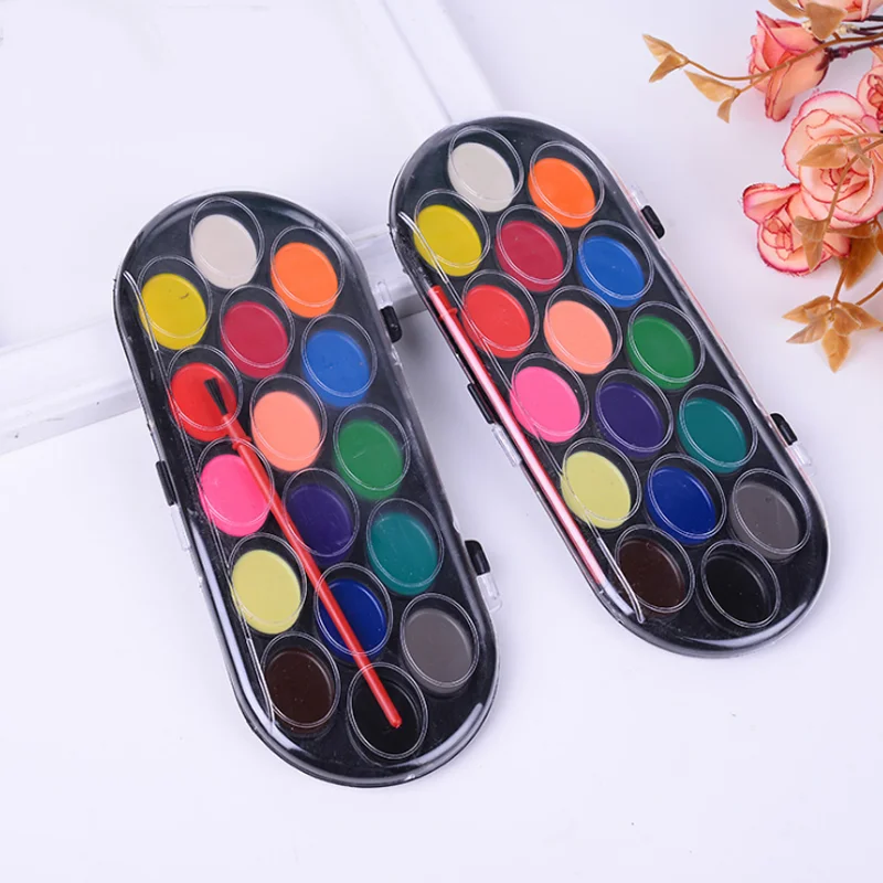 

1 Pcs Kawaii 16 Colors Solid Watercolor Paints Paint Box with Paintbrush Bright Color Sketch Color Stationery Set
