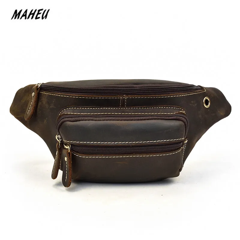 

Casual Sporty Crazy Horse Genuine Leather Waist Bag for Men Multifunctional Top Grade Cowhide Male Fanny Pack Waist Pack