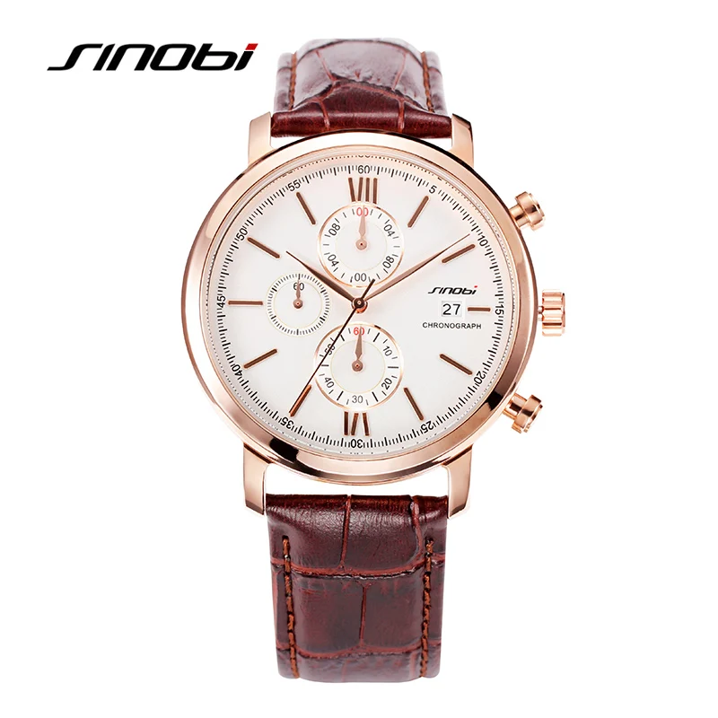 SINOBI New Arrival Brown Stripes Geneva Watch Vintage Casual Leather Strap Watches For Men Analog Quartz