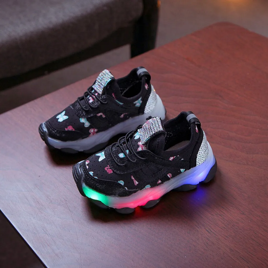 Детская обувь для маленьких девочек с бабочками и кристаллами; Светящиеся спортивные кроссовки для бега; sapato infantil kinderschuhe; детская обувь для мальчиков