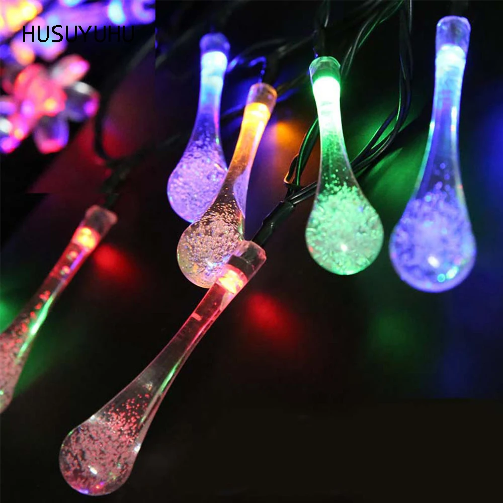 #cheap HUSUYUHU 6.5M 30LED Solar Powered String Lights Glow Water Drop Colorful Flasher Fairy Led Lights Christmas Festival Outdoor