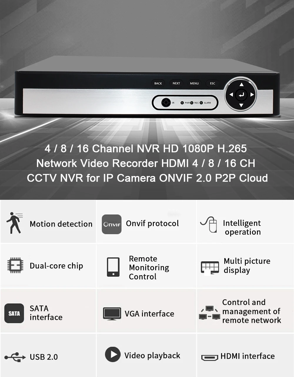 Видеонаблюдения NVR 1080 P сети видео Регистраторы 8ch H.265 Onvif 2.0 для IP Камера 4.0 м/8ch xmeye P2P облако Full HD Выход