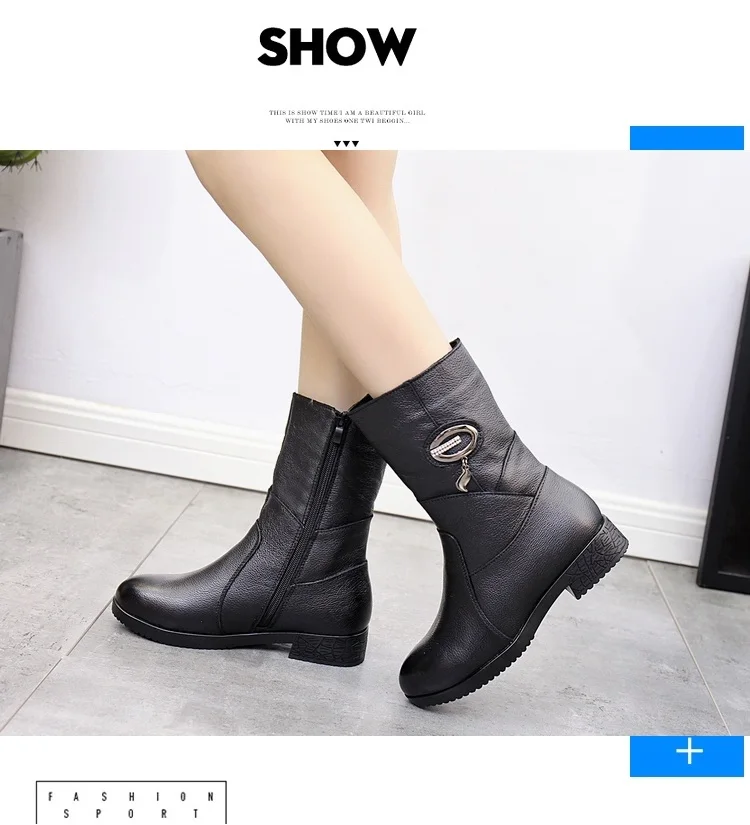 DRKANOL Women Winter Boots Genuine Leather Zipper Square Heel Thick Plush Warm Snow Boots Women Low Heel Mid Calf Boots