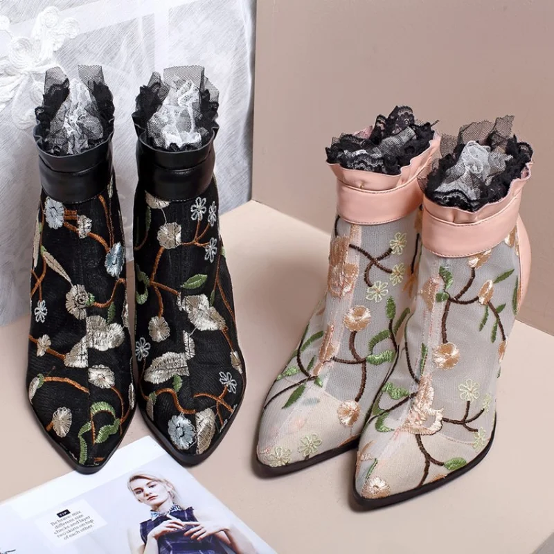 Pointu Bottes Noir L'europe Femme Mode Printemps De 2018 Automne Femmes Bout Mince Cheville Broderie Grande rose Ruches Nouvelle Hauts À Talons Taille WHDIE2e9Y