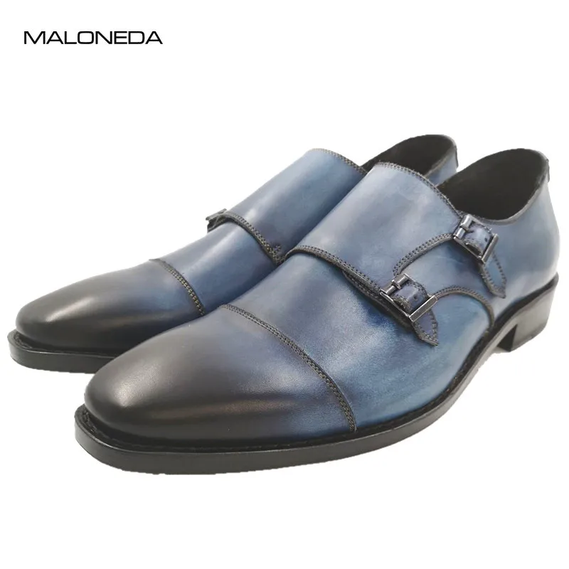 

MALONEDA Men Double Monk Strap Shoes Genuine Leather Handmade Goodyear Slip on Dress Shoes for Wedding Party