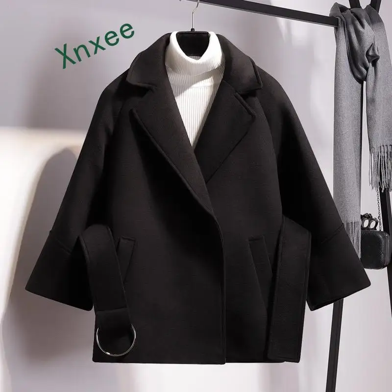 

Xnxee Women Loose Short Woolen Coat Spring Winter Female Cloak With Belt Woolen Jackets Elegant Black Camel Trench Outwear