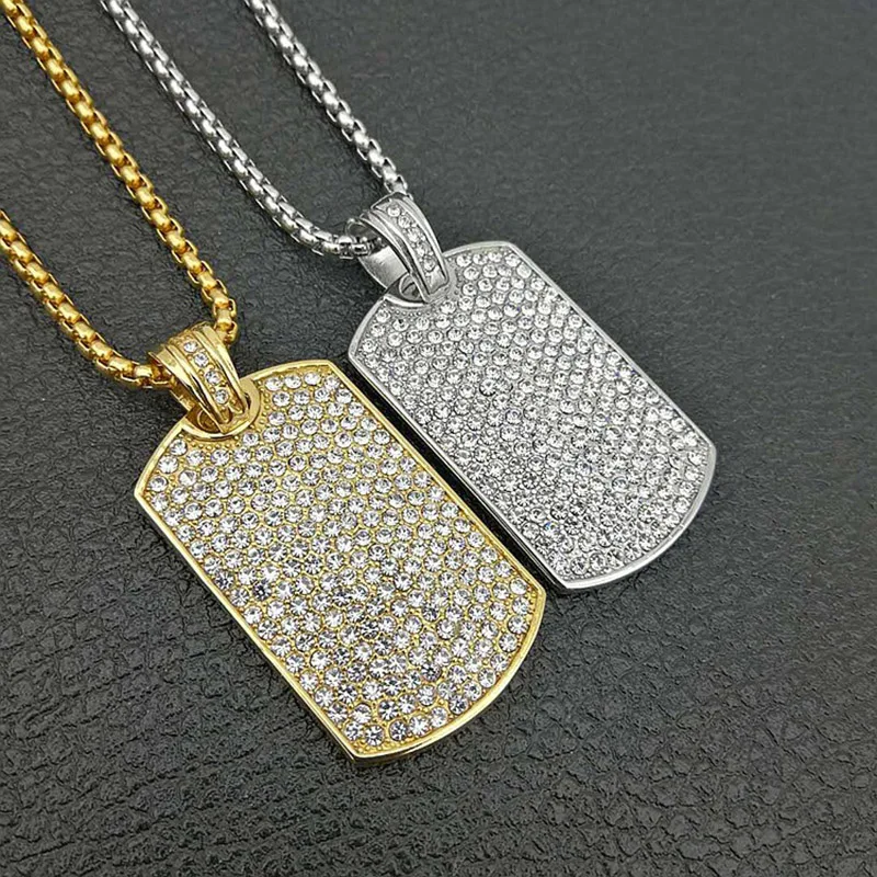 

Stainless Steel Geometric Square Dog Tag Pendant Necklace Full Rhinestone Paved Bling Iced Out Men Hip Hop Rapper jewelry Gift