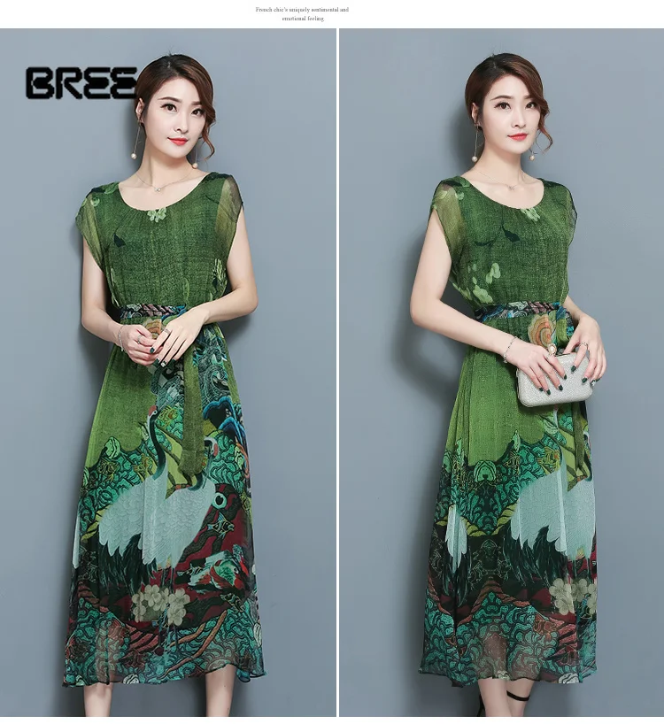 

Plus Size S-5XL Chinese Style Spring Summer O-Neck Long Dress Sleeveless Loose Floral Short Sleeve Silk Dress