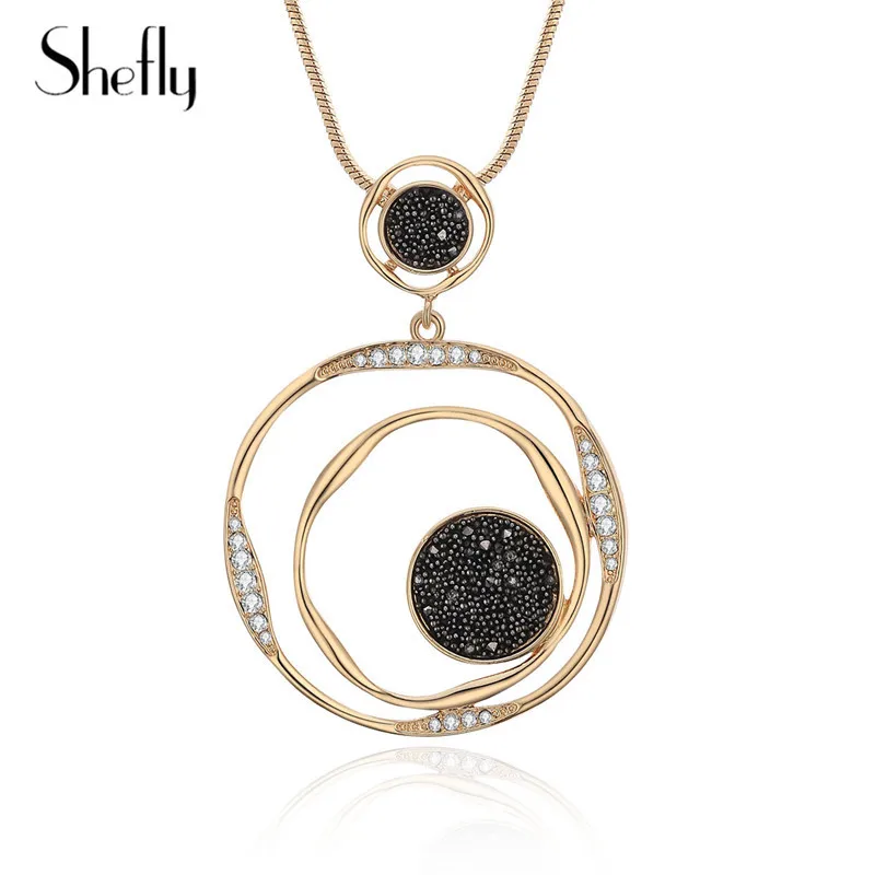 Luxury Black Crystal Pendant Necklace Gold Sweater Chain Big Circle Round Pendant Long Necklace Women Jewelry Accessories Gifts - Image 2