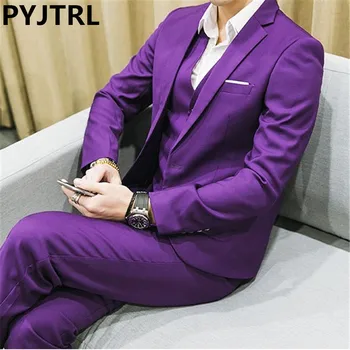 

PYJTRL Men's Three-piece Plus Size 5XL 6XL 2017 White Yellow Red Purple Navy Blue Green Male Business Casual Wedding Groom Suits