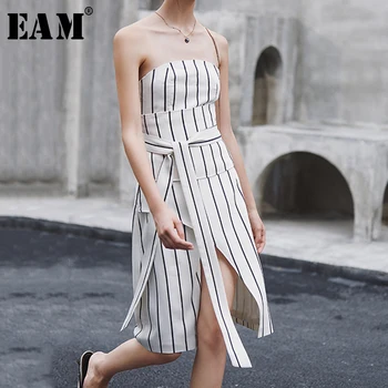 

[EAM] 2020 New Spring Summer Strapless Sleeveless Striped Bandage Irregular Spliced Temperament Dress Women Fashion Tide JX817