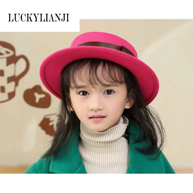 

LUCKYLIANJI Vintage Retro Kid Child Elegant Wool Felt Flat Dome Oval Top Bowler Porkpie Pork Pie Bowler Hat (One Size: 54cm)