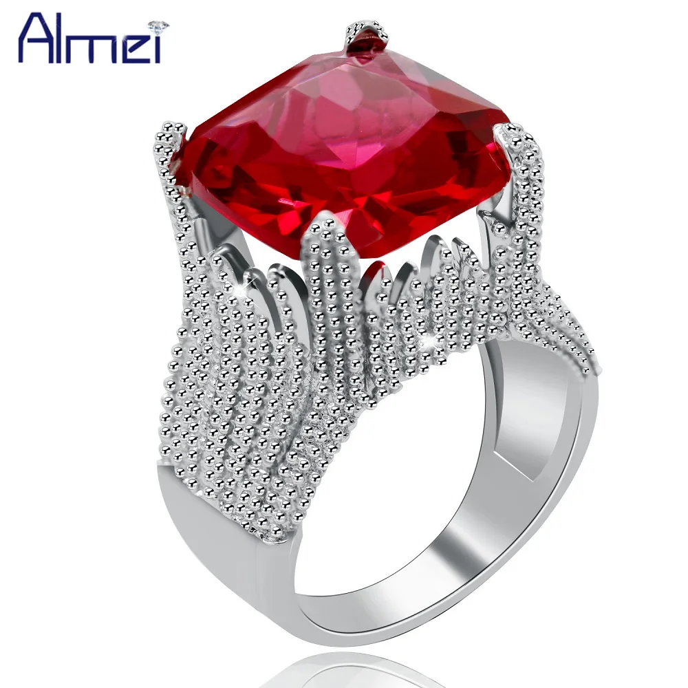 

Almei Women Sliver Color Flame Shape Big Square Red Cubic Zirconia Solitaire Ring Wedding Wide Engagement Band RA0414