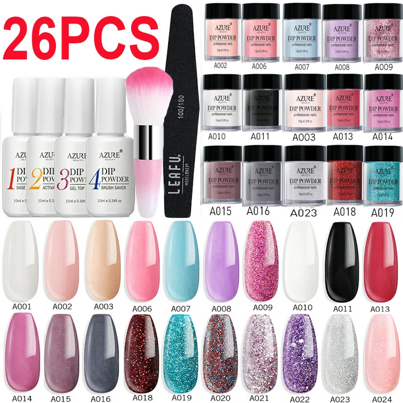 

Azure Beauty 26Pcs/Lot Glitter Dipping Powder Nail Art Brush Set Base Top Gel Gradient Color Holo Dip Powder Nail Powder Kits