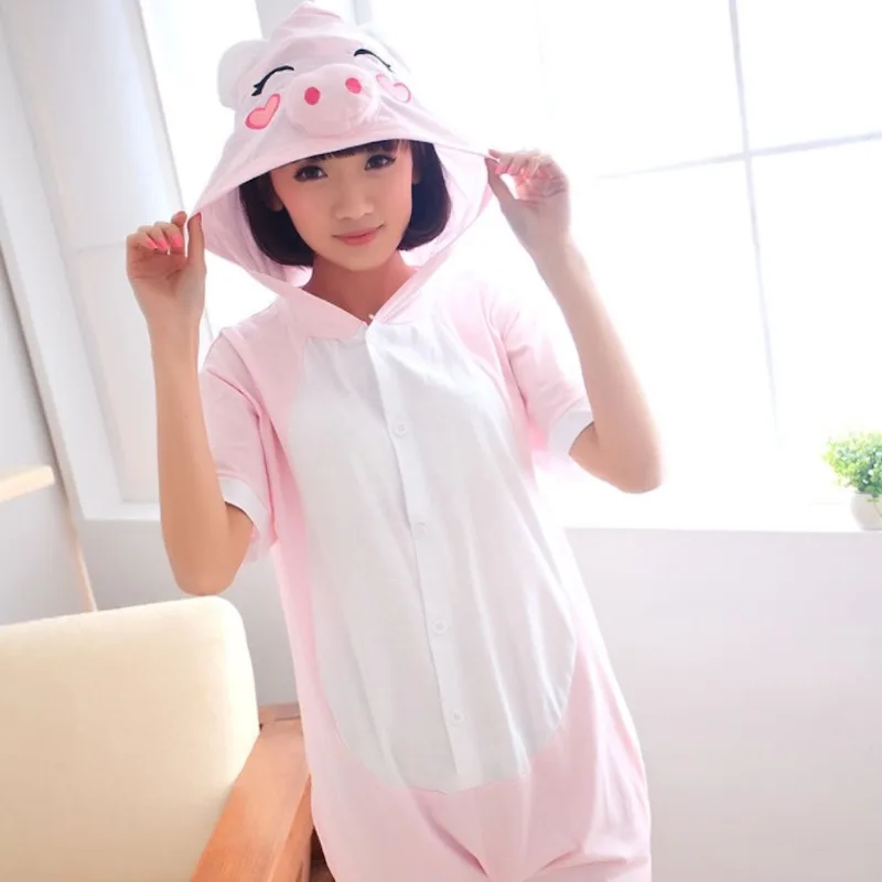 Симпатичная пижама в виде розовой свиньи для взрослых с коротким рукавом