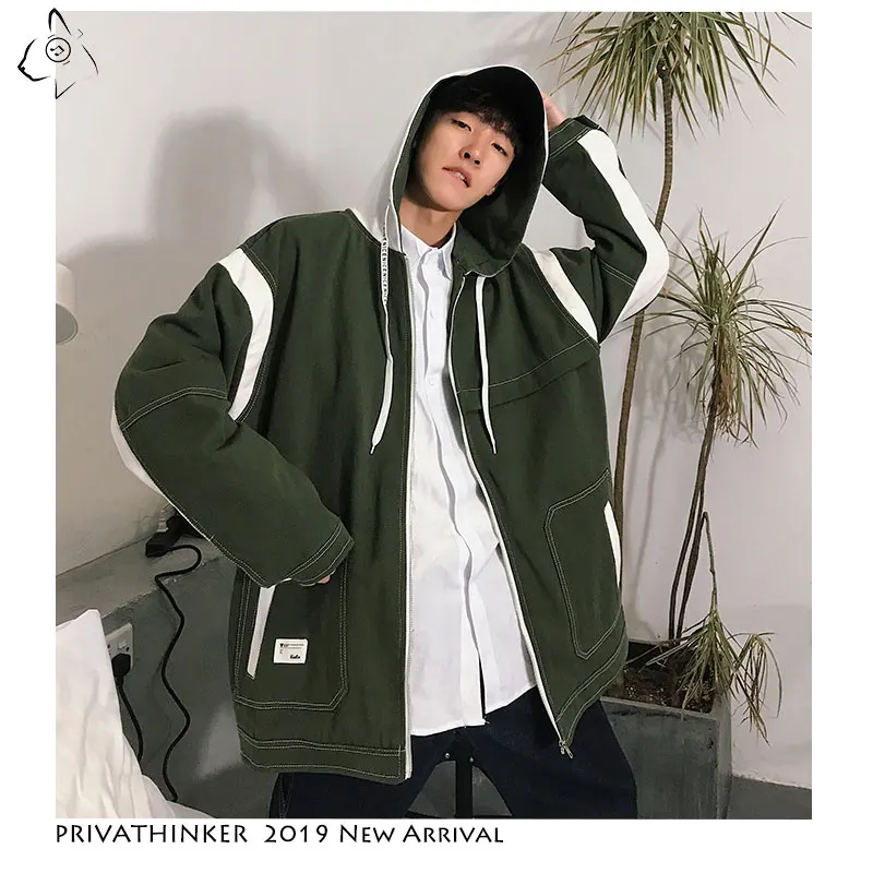 

Privathinker 2019 Man Harajuku Zipper Hat Jackets New Windbreaker Jackets Mens Male Autumn Patchwork Oversize Jacket Streetwear