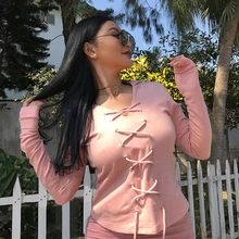 Сексуальный укороченный топ, шнуровка, галстук-ленточка, футболка, Женская облегающая футболка, Женская Однотонная футболка с длинными рукавами, шнуровка на груди, сексуальные шорты