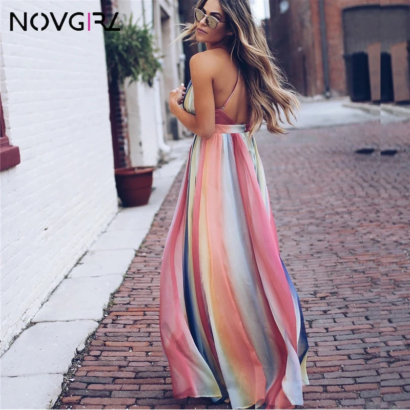 Novgirl Полосатое цветное пляжное платье макси для женщин летнее платье на бретельках с открытой спиной сексуальное длинное шифоновое платье Костюм
