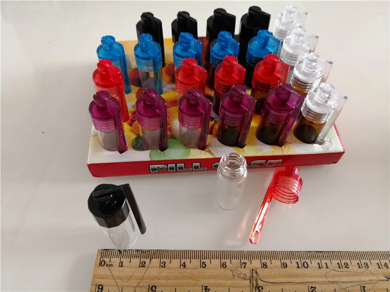 

12pcs/lot new mix colors portable acrylic pill case mini size pill bottle Snuff Dispenser Snorter Sniff smoking with spoon scoop