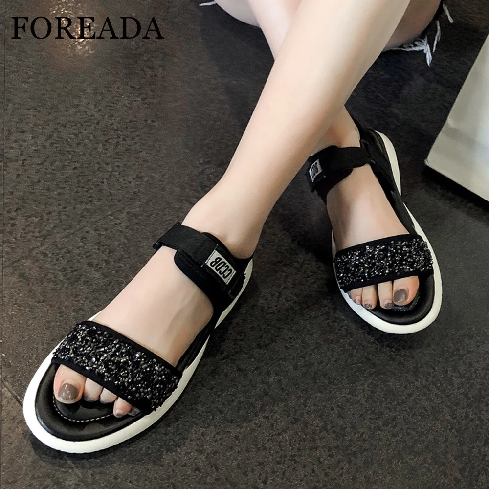 

FOREADA Women Sneakers Sandals Summer Shoes Bling Soft Flat Shoes Casual Glitter Open Toe Sandals Ladies Sliver Large Size 33-45