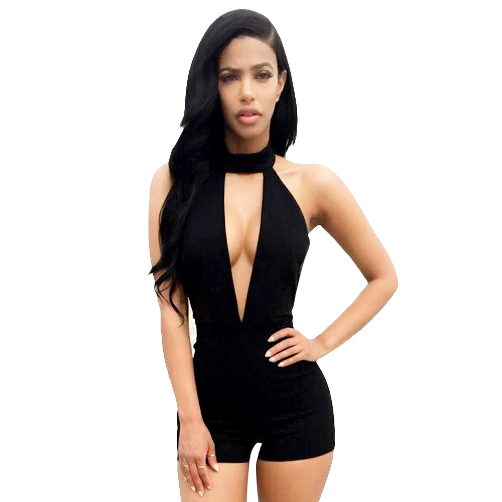 

Sexy Halter Plunging Neck Sleeveless Off-the-shoulder Hollow Out Elastic Sheath Pure Color Women Romper Female Boot Cut Playsuit