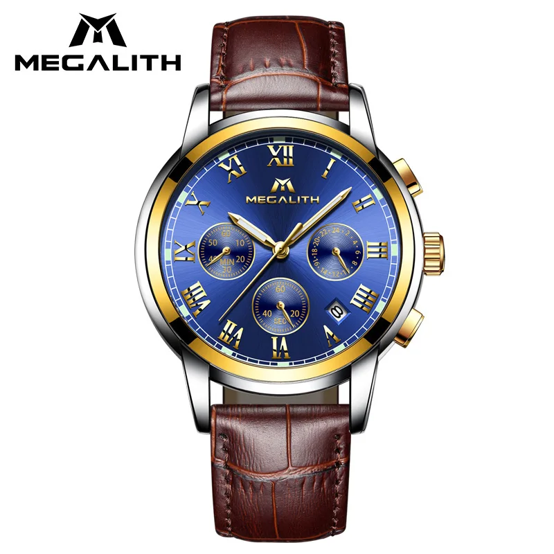 

MEGALITH Chronograph Men Watches Waterproof Genuine Leather Quartz Man Watches Fashion Luminous Watch Clock Men Erkek Kol Saati