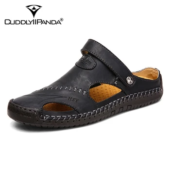 

CuddlyIIPanda Men Fashion Slides Summer Genuine Leather Gladiator Sandals Outdoor High Quality Beach Shoes Men Water Flip Flops