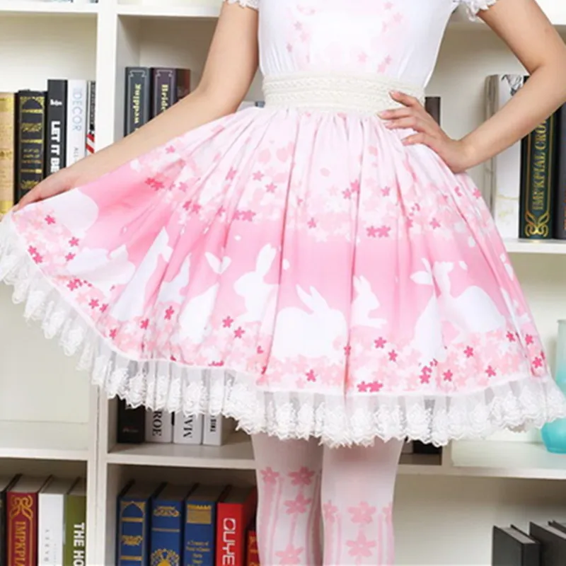 Buy Pink Bunny & Cherry blossoms Print Lolita Skirt Soft Sister Cartoon Rabbit
