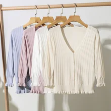 Женский короткий кардиган, Осеннее летнее тонкое пальто, свитер для улицы, летняя Солнцезащитная Женская одежда с v-образным вырезом,, свитера с открытыми плечами