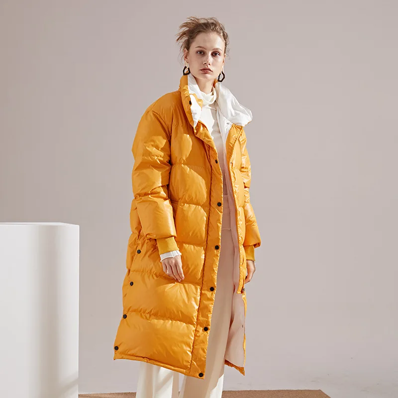 Яркие цвета, длинное пуховое пальто, верхняя одежда для женщин, отложной воротник, белый пуховик на утином пуху, новинка, Осень-зима