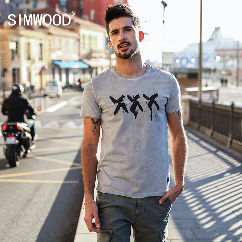 SIMWOOD Лето 2019 г. Винтаж футболка для мужчин Slim Fit мода короткий рукав узор хлопковые