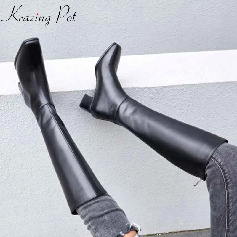Online Krazing Pot de cuero genuino de gran tamaño botas largas gruesas y Guapas de tacón mediano para mujer mantener el calor montando botas altas hasta la rodilla L0f8
