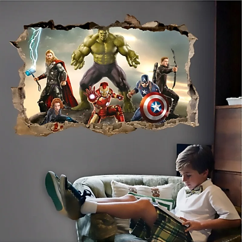 Wall stickers 3D window Avengers Super hero 100x60cm decor removable PVC kids 