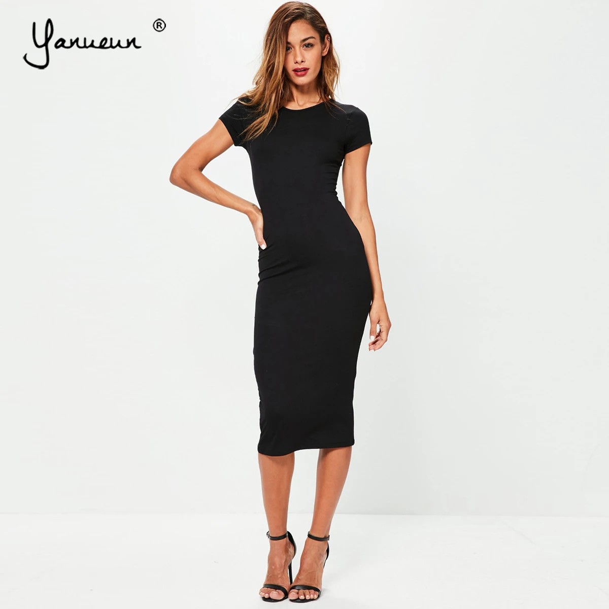 

Yanueun Solid Short Sleeve Bodycon Dress Women Knee-Length All Base Match Sheath Dress 2019 Spring Summer Hot Sale