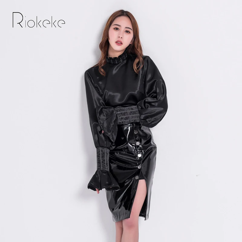 Riokeke Кнопка разрез Для женщин юбка Bodycon кожаная в стиле панк Высокая Талия сезон: