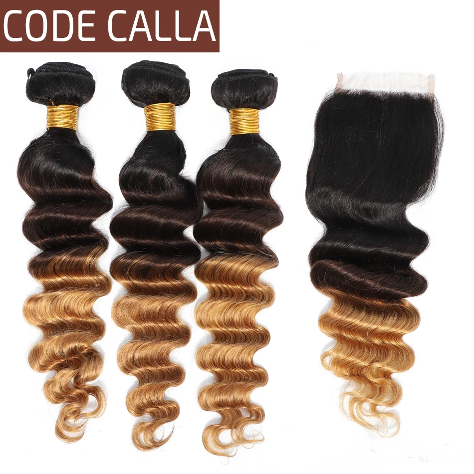 

Code Calla Remy Loose Deep Wave Bundles With Lace Closure Free Part Brazilian 100% Human Hair Weave Extension Ombre Brown Color