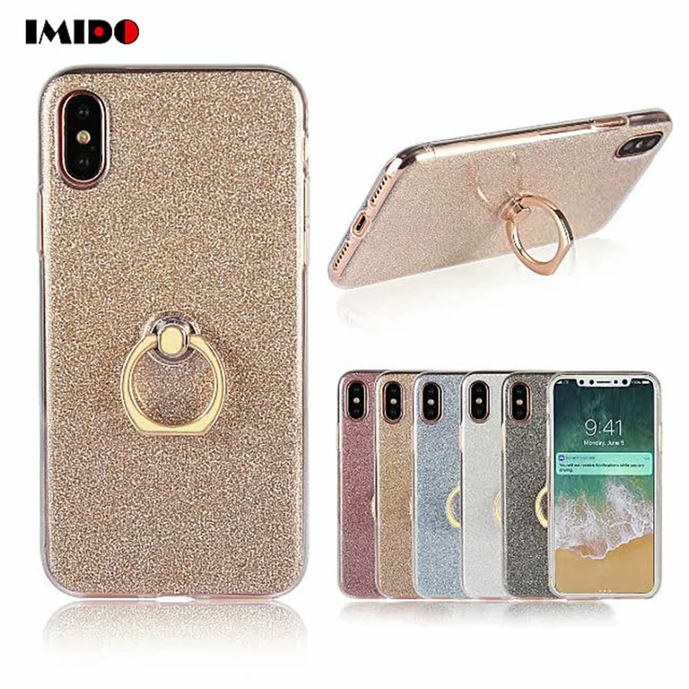 

IMIDO Hide Ring Stand Holder Phone Case For iPhone X XS MAX XR 8 7 6 6S Plus Glitter Soft TPU Back Cover For iPhone 5 5S SE Capa