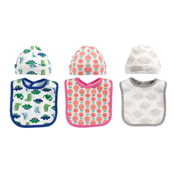 

2 PCS Cute Newborn Baby Hat Bib Set Flower Dinosaur Print Waterproof Baby Bib+Cotton Soft Newborn Baby Beanie Hat Cartoon 2018