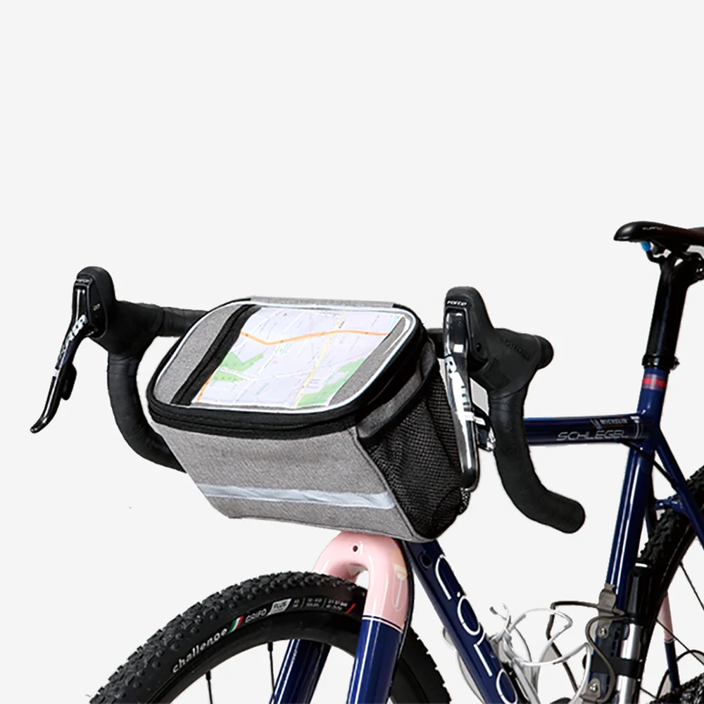 

Bike Handlebar Bag Tear-resistant Knitted Polyester Cycling Bicycle Front Bag with Reflective Strip PVC Touch Screen Phone Bag