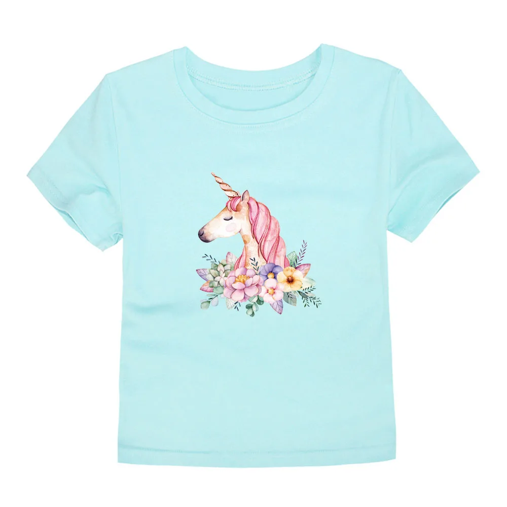 Футболки с единорогом и цветочным рисунком для девочек; детские летние футболки; топы с цветочным рисунком для детей; хлопковые футболки для детей 2-14 лет; 12 цветов; футболки с единорогом - Цвет: 4TG6