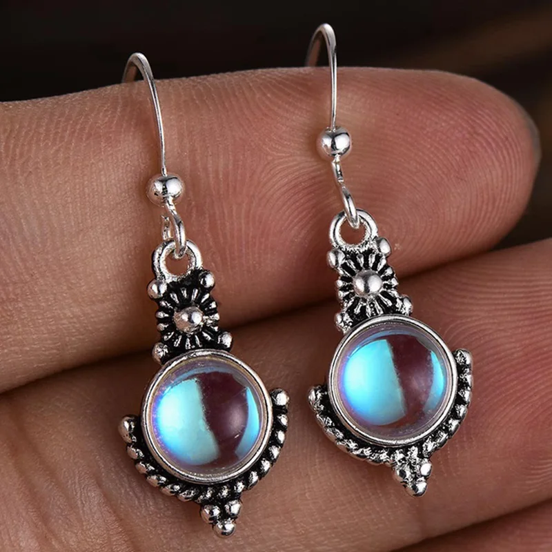 

Vintage Silver Hook Dangle Earrings Women Hanging Long Drop Moonstone Earrings Fashion Antique Earrings Boho Retro Jewelry