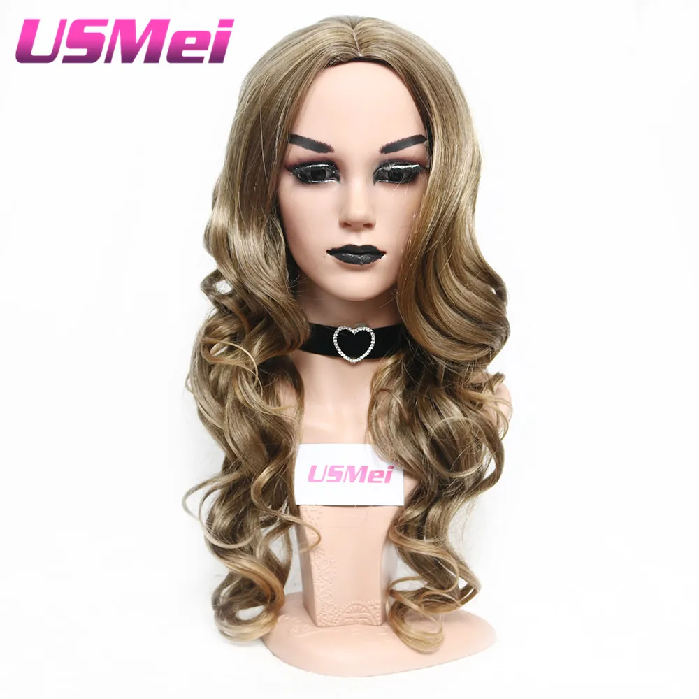 USMEI long blonde wig No bangs body wave heat resistant synthetic wigs